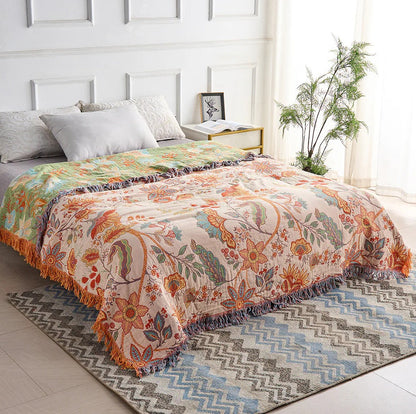 Colorful Floral Blanket with Bohemian Tassel Trim