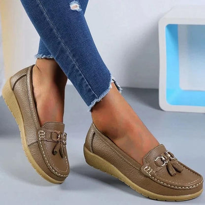 Women's Genuine Leather Slip-On Loafers with Arch Support for All-Day Standing & Office Wear