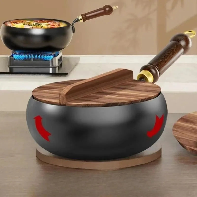 12-Inch Cast-Iron Round-Bottom Skillet with Wood Handle and Lid for Induction Gas Electric Stovetops