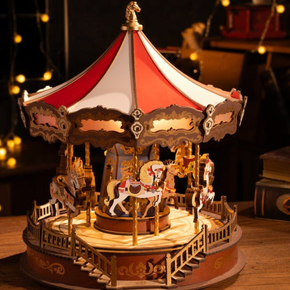 Colorful Wooden Musical Carousel Box with Rotating Pieces