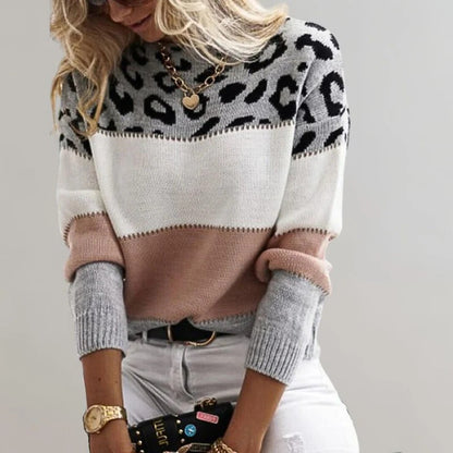 Wildlife Pattern Crew Neck Sweater with Leopard Print