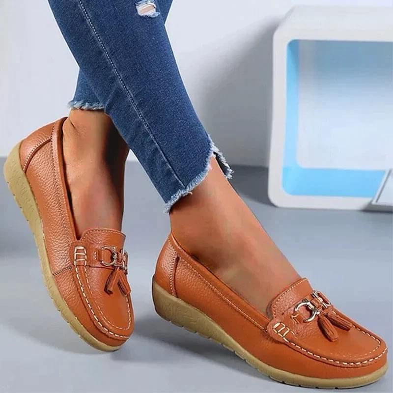 Women's Genuine Leather Slip-On Loafers with Arch Support for All-Day Standing & Office Wear