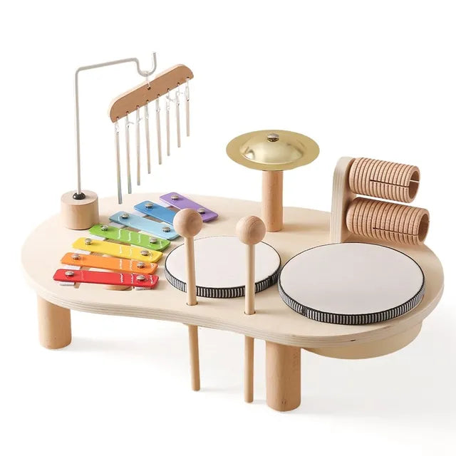 Wooden Musical Activity Center for Toddlers Rhythm Development Toy Percussion Set with Drum & Tone Bars Motor Skill Builder Ages 3+