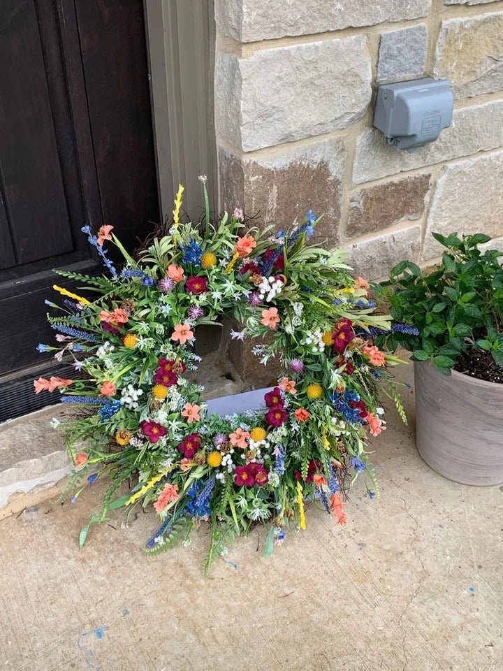 Handcrafted Buttercup & Eucalyptus Door Wreath 19-22 Inch Grapevine Base Silk Flower Arrangement Pink Purple Yellow Blooms for Front Door