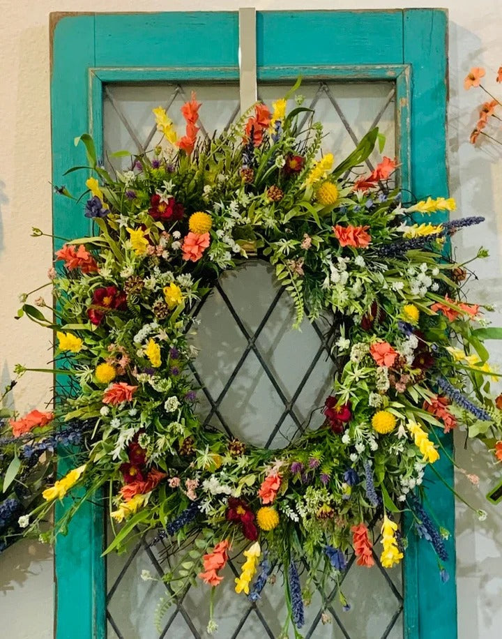 Handcrafted Buttercup & Eucalyptus Door Wreath 19-22 Inch Grapevine Base Silk Flower Arrangement Pink Purple Yellow Blooms for Front Door