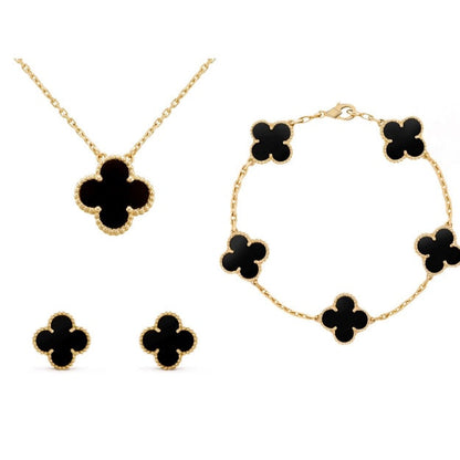 Four-Leaf Clover Jewelry Set – Necklace, Bracelet & Earrings – Gift-Ready in Luxury Box – Adjustable Fit – Nickel-Free Gold Plated Silver