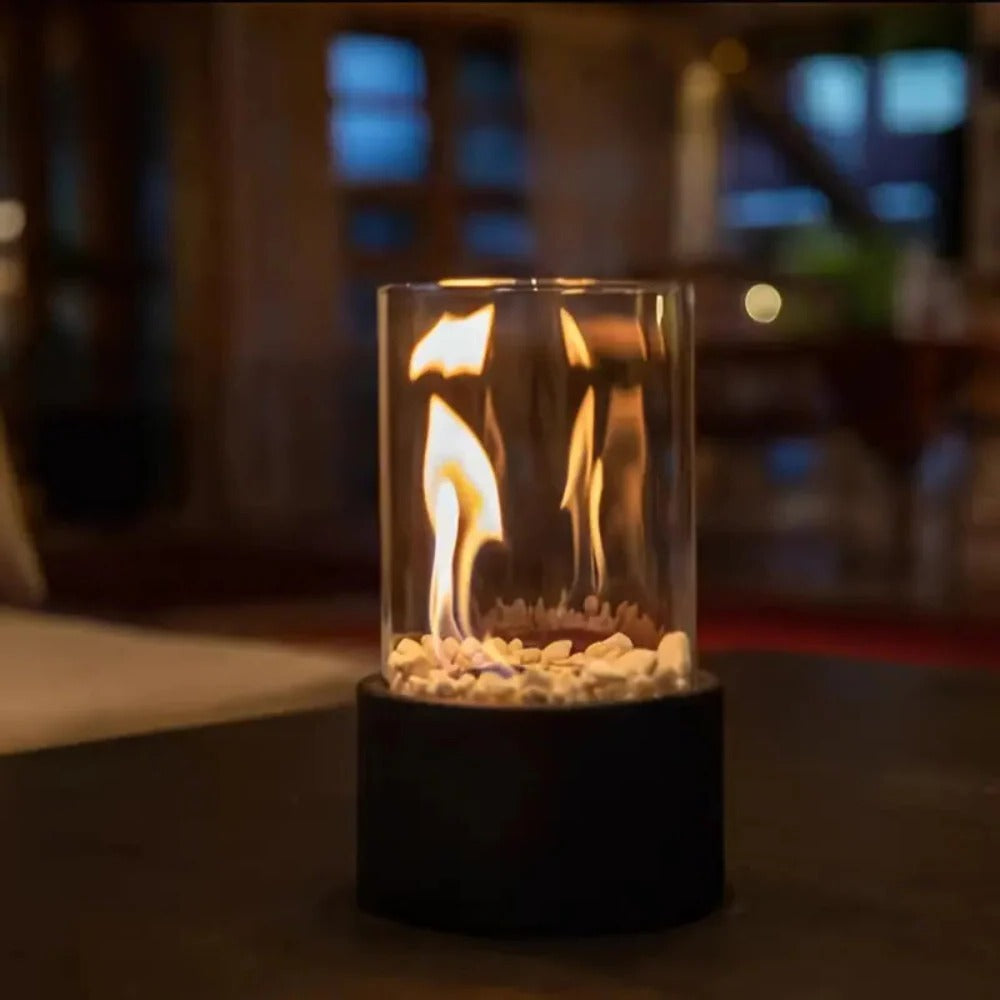 Compact Indoor Fire Pit with Glass and Metal Frame