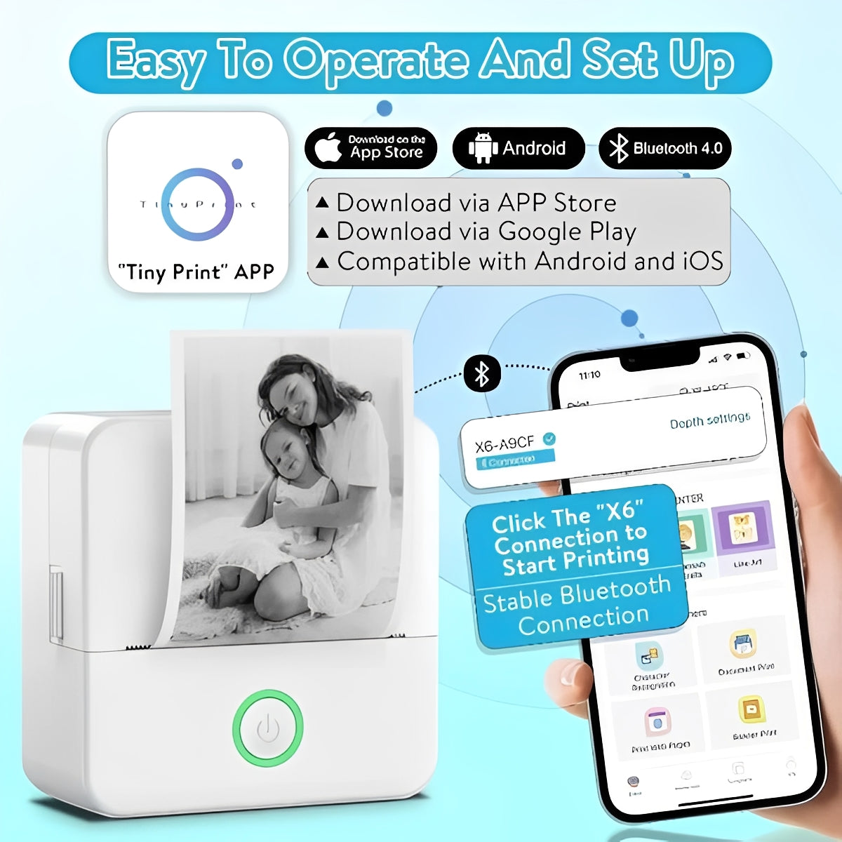 Wireless Compact Photo Sticker Printer with Bluetooth
