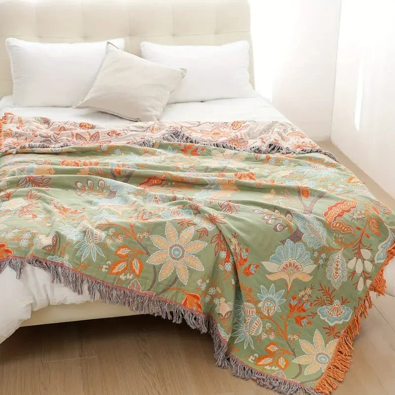 Colorful Floral Blanket with Bohemian Tassel Trim