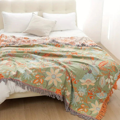 Colorful Floral Blanket with Bohemian Tassel Trim