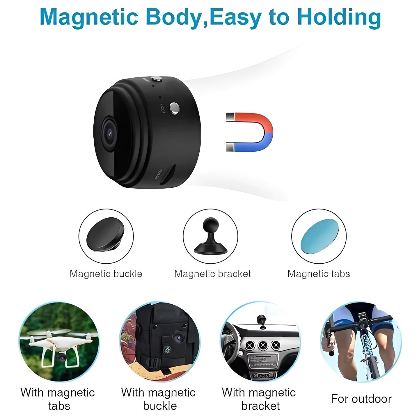 Compact Wireless Camera with Strong Magnet and 1080p Video