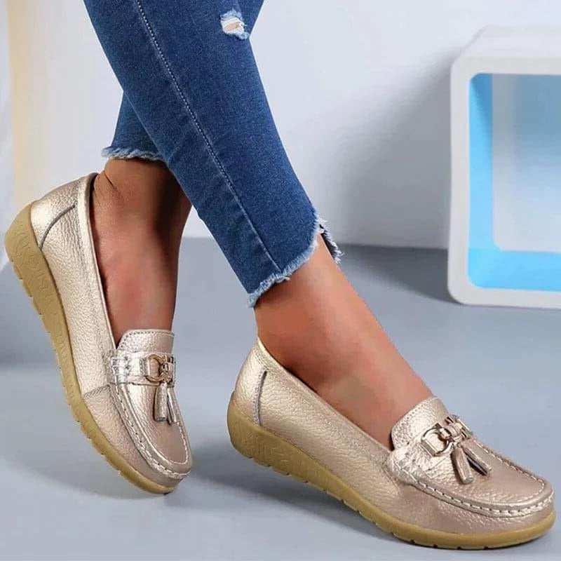 Women's Genuine Leather Slip-On Loafers with Arch Support for All-Day Standing & Office Wear