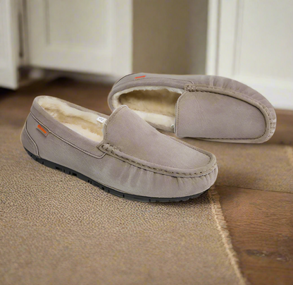 Men's Lined Moccasin Slippers with Soft Sherpa Fleece & Non-Slip Rubber Sole for Indoor & Outdoor Comfort