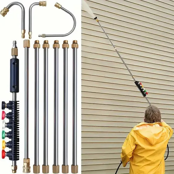 Telescoping Pressure Washer Extension Wand 24 ft Reach Brass & Stainless Steel 4000 PSI 284°F 0-40° Nozzles for Gutter Cleaning Roof
