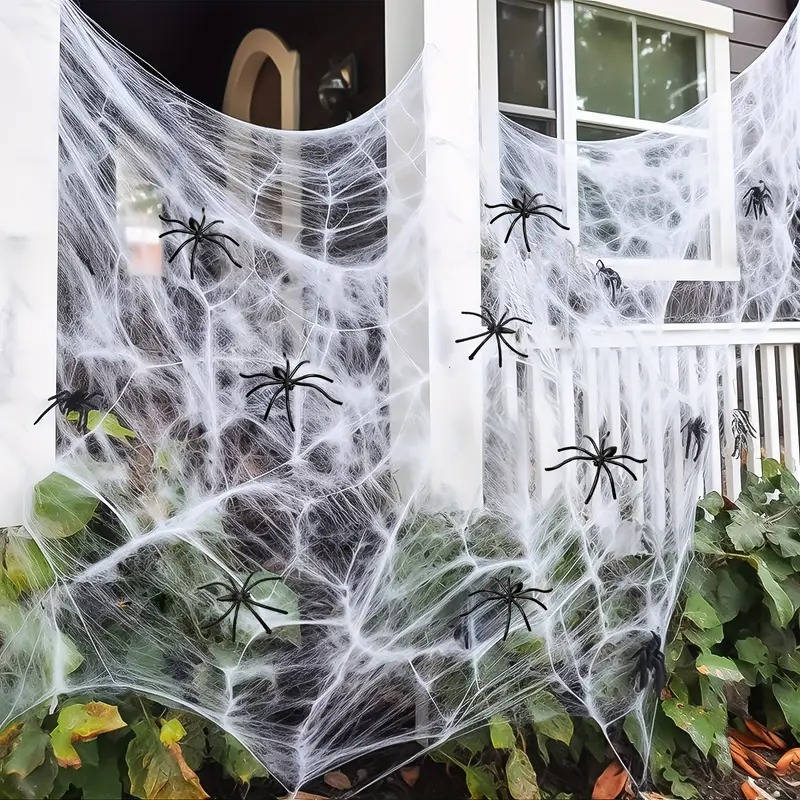 Spider Webs with Spiders 200 sq ft, Giant Spider Web Halloween Door Decoration, Halloween Party Decor with Fake Spiders
