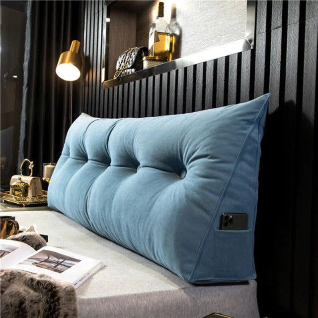 Upholstered Wedge Pillow for Sitting Up in Bed Gray Linen Triangular Back Support with Storage Pocket Bedroom Wall Cushion