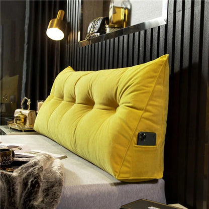 Upholstered Wedge Pillow for Sitting Up in Bed Gray Linen Triangular Back Support with Storage Pocket Bedroom Wall Cushion