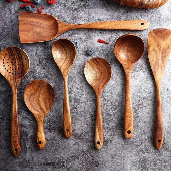 7-Piece Teak Wood Cooking Utensil Set – Natural Kitchen Tools for Non-Stick Cookware, Eco-Friendly Spatula Ladle Turner Spoon Collection