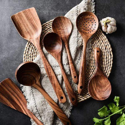 7-Piece Teak Wood Cooking Utensil Set – Natural Kitchen Tools for Non-Stick Cookware, Eco-Friendly Spatula Ladle Turner Spoon Collection