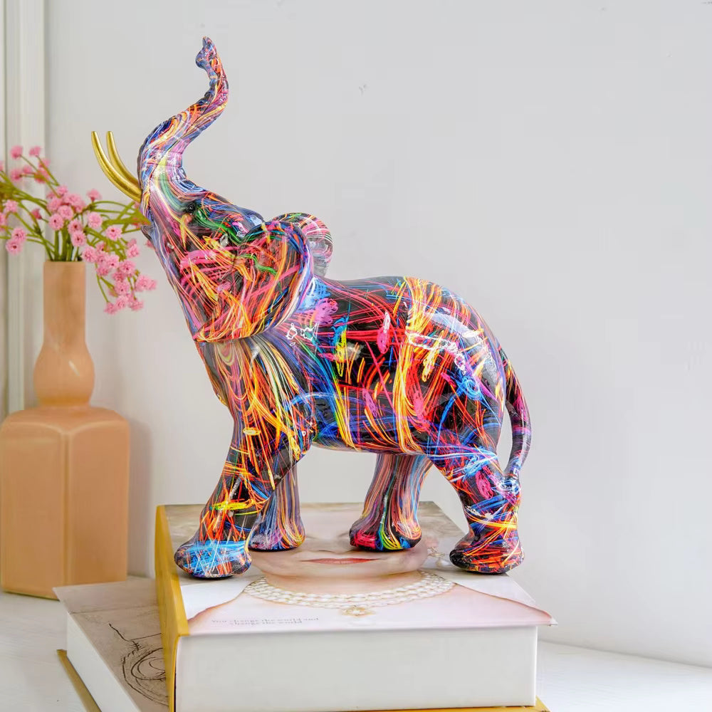Street Art Elephant Sculpture Resin Figurine Colorful Graffiti Style Decor for Living Room Bedroom Office Desktop Shelf Mantel