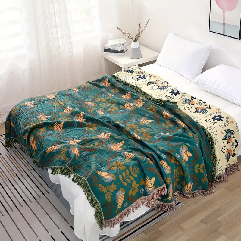 Cotton Throw Blanket Double-Sided Bird & Floral Design 100% Natural Fiber for Couch Bed Sofa Living Room Bedroom Decor Fringe Accents