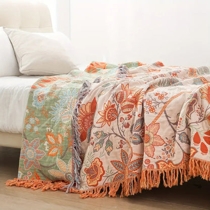 Cotton Throw Blanket with Tassels Floral Pattern Cream Orange Blue for Sofa Couch Bed Living Room Bedroom Bohemian Home Decor Lightweight