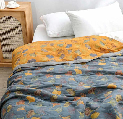 Reversible Cotton Throw Blanket with Botanical Leaf Print – Yellow & Blue Double-Sided Quilt for Couch, Bed, Picnic & Wall Hanging
