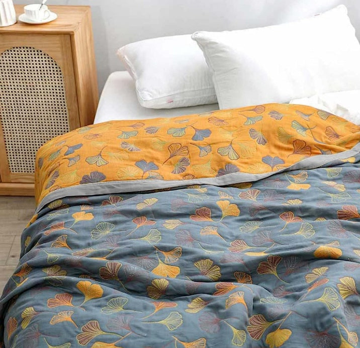 Reversible Ginkgo Leaf Throw Blanket Yellow Blue Botanical Print Soft Quilt for Couch Bed Sofa Beach Picnic Home Decor for Living Room