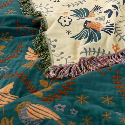 Cotton Throw Blanket Double-Sided Bird & Floral Design 100% Natural Fiber for Couch Bed Sofa Living Room Bedroom Decor Fringe Accents