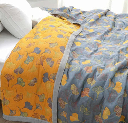 Reversible Cotton Throw Blanket with Botanical Leaf Print – Yellow & Blue Double-Sided Quilt for Couch, Bed, Picnic & Wall Hanging