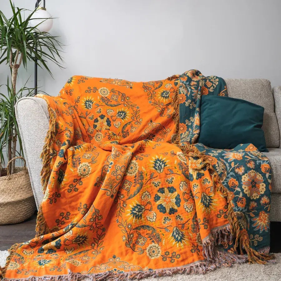 Reversible Cotton Throw Blanket Floral Orange & Teal Double-Sided Soft Gauze for Couch Bed Picnic Beach Sofa Cover Decor