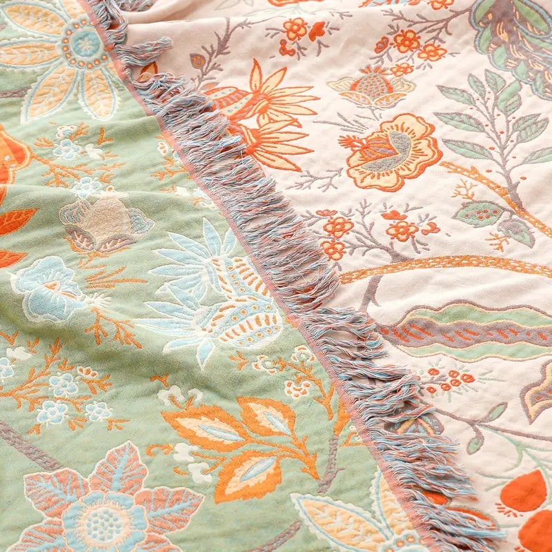 Cotton Throw Blanket with Fringe Tassels Floral Pattern Orange Blue Cream Bohemian Style Couch Sofa Bed Home Decor for Living Room Bedroom
