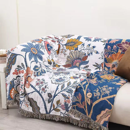Reversible Floral Cotton Throw Blanket with Tassels – Jacquard Woven All-Season Sofa Throw for Living Room & Bedroom Decor