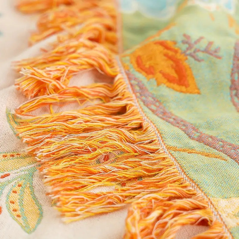 Cotton Throw Blanket with Tassels Floral Pattern Cream Orange Blue for Sofa Couch Bed Living Room Bedroom Bohemian Home Decor Lightweight