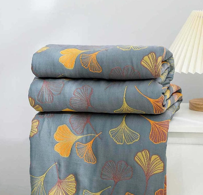 Reversible Cotton Throw Blanket with Botanical Leaf Print – Yellow & Blue Double-Sided Quilt for Couch, Bed, Picnic & Wall Hanging