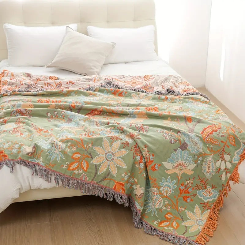 Cotton Throw Blanket with Tassels Floral Pattern Cream Orange Blue for Sofa Couch Bed Living Room Bedroom Bohemian Home Decor Lightweight