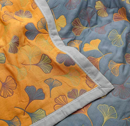 Reversible Ginkgo Leaf Throw Blanket Yellow Blue Botanical Print Soft Quilt for Couch Bed Sofa Beach Picnic Home Decor for Living Room