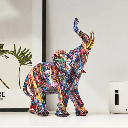 Street Art Elephant Sculpture Resin Figurine Colorful Graffiti Style Decor for Living Room Bedroom Office Desktop Shelf Mantel
