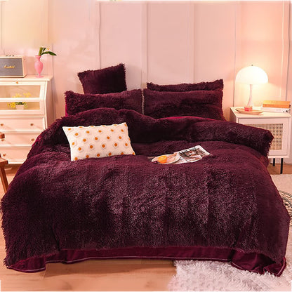 Reversible Faux Fur Duvet Cover Set - Plush Shaggy & Velvet 4-Piece Bedding - Full Queen King