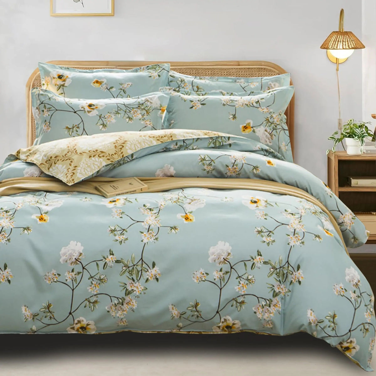 Botanical Cotton Comforter Cover Set with Reversible Floral Print for King Queen Single Beds – 4-Piece Bedding Kit with Pillow Shams