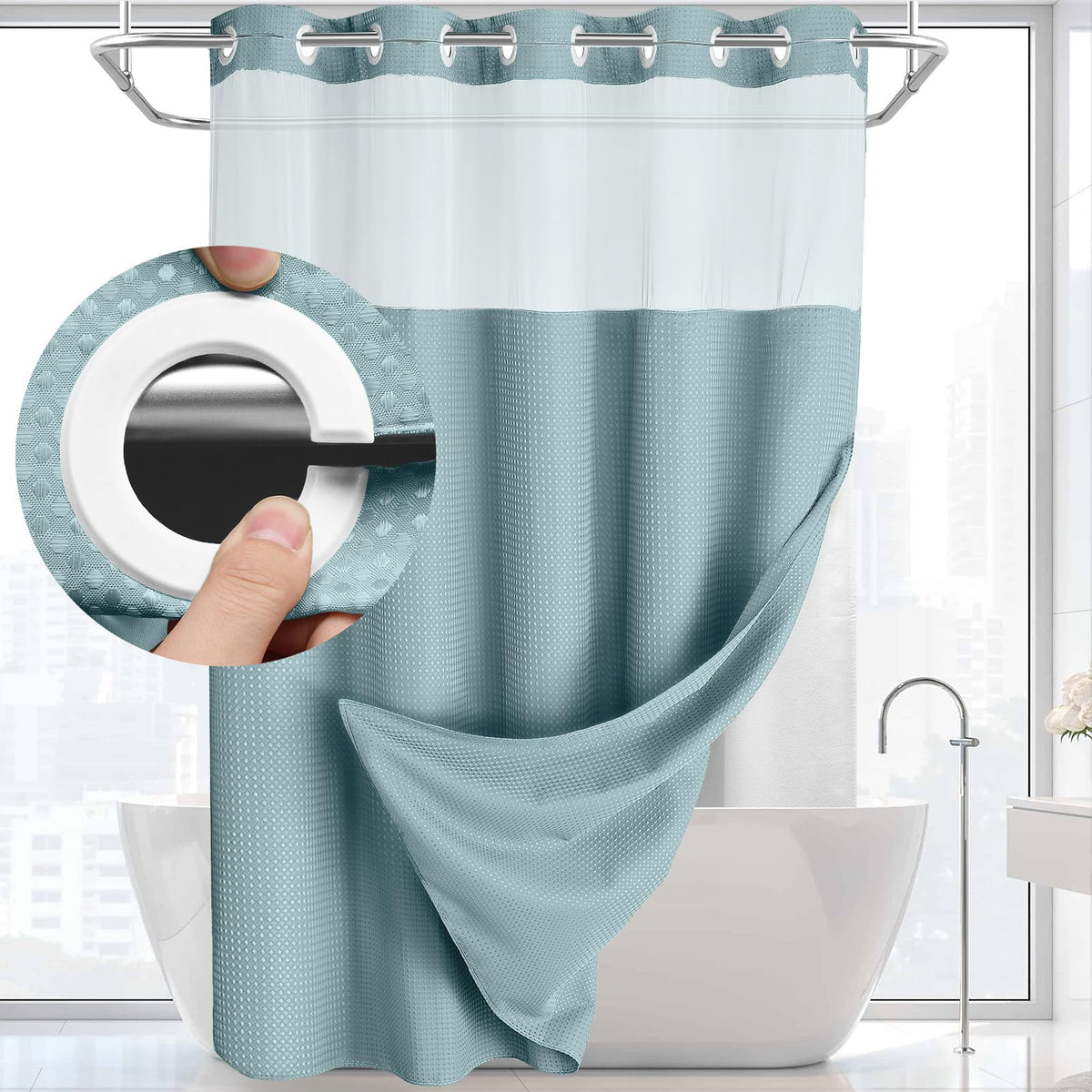 Hookless Shower Curtain with Built-In Snap Liner Waffle Weave Polyester Bathroom Curtain Easy Install No Rings Needed Quick Change Design