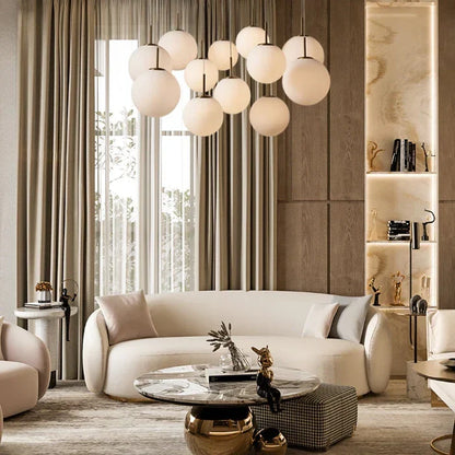 Modern Hanging Linear Chandelier with Hand-Blown Glass Globes & LED Lights for Dining Room & Kitchen Island