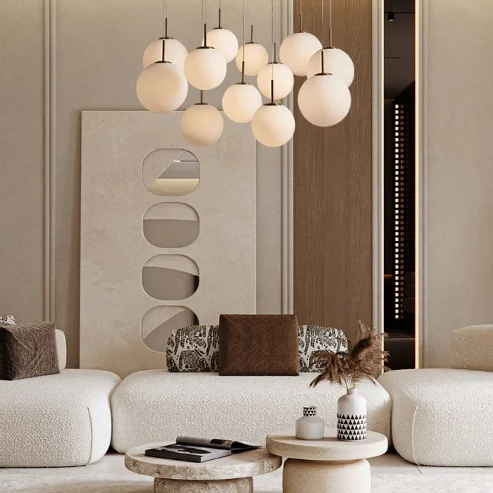 Modern Hanging Linear Chandelier with Hand-Blown Glass Globes & LED Lights for Dining Room & Kitchen Island