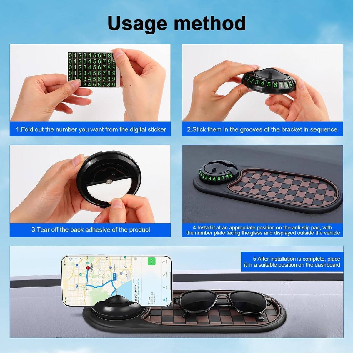 Dashboard Phone Mount with Storage Organizer & Parking Display for All Smartphones | Hands-Free Navigation Holder | 360° Rotating Cradle