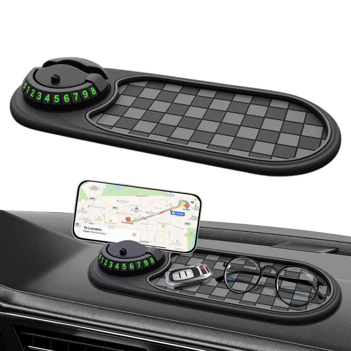 Dashboard Phone Mount with Storage Organizer & Parking Display for All Smartphones | Hands-Free Navigation Holder | 360° Rotating Cradle