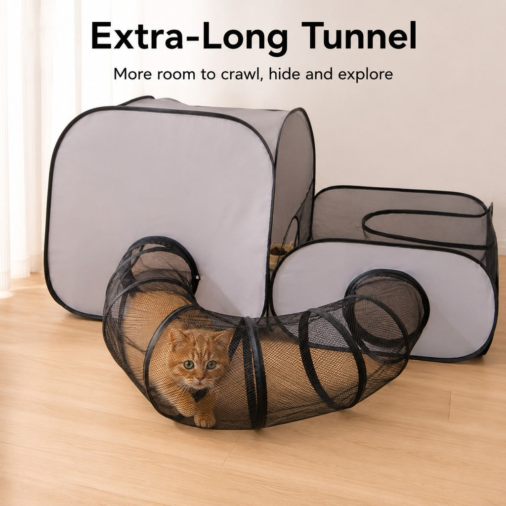 Ortekor Indoor Cat Playpen with Tunnel & Resting Tent for Safe Home Play - 3-Zone Enclosure for Cats & Kittens