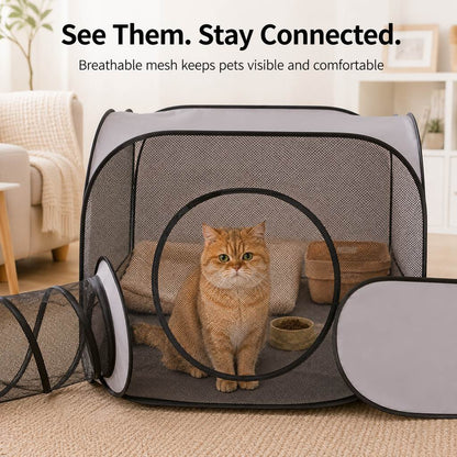 Ortekor Indoor Cat Playpen with Tunnel & Resting Tent for Safe Home Play - 3-Zone Enclosure for Cats & Kittens
