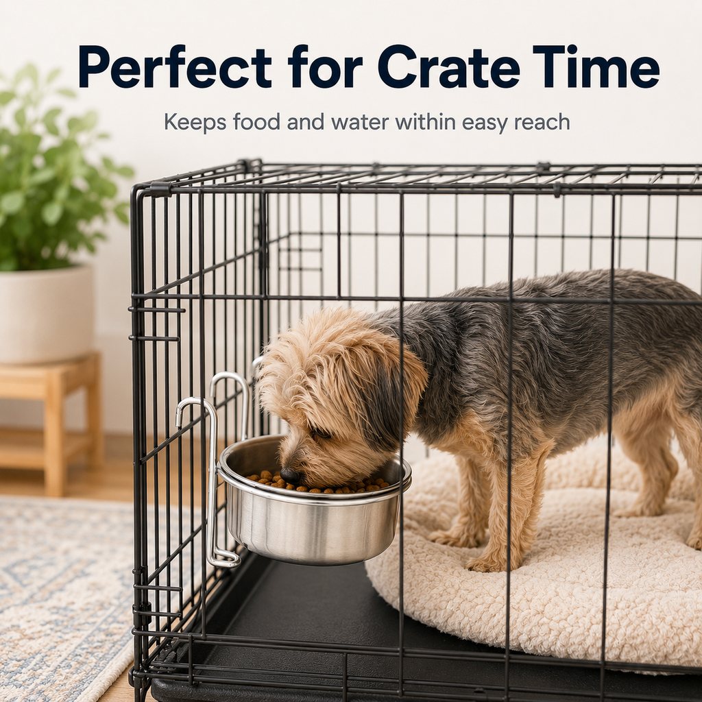 Ortekor Inside-Crate Stainless Steel Hanging Pet Bowl for Dogs & Cats - No-Tip Food & Water Bowl for Kennels
