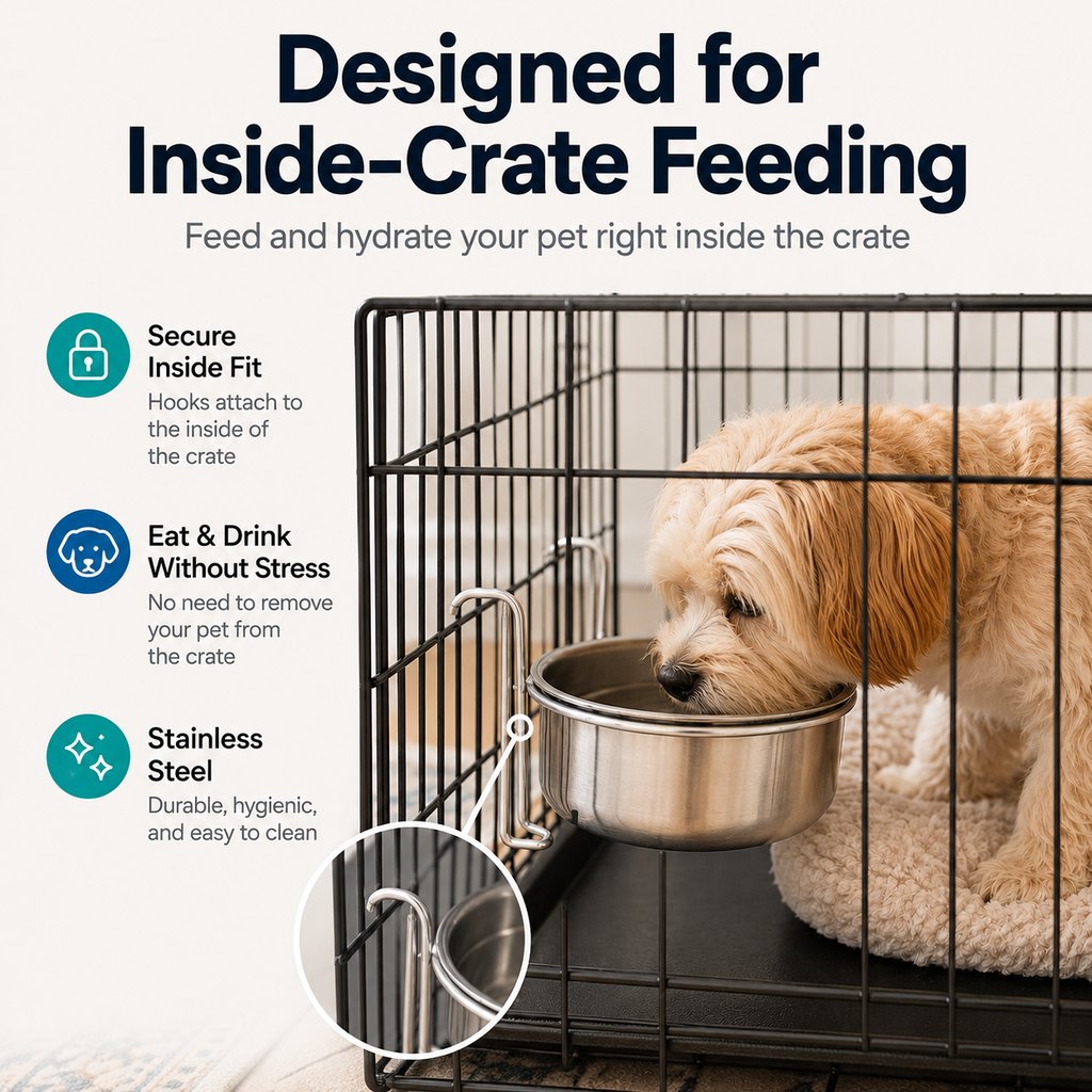 Ortekor Inside-Crate Stainless Steel Hanging Pet Bowl for Dogs & Cats - No-Tip Food & Water Bowl for Kennels