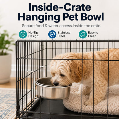 Ortekor Inside-Crate Stainless Steel Hanging Pet Bowl for Dogs & Cats - No-Tip Food & Water Bowl for Kennels